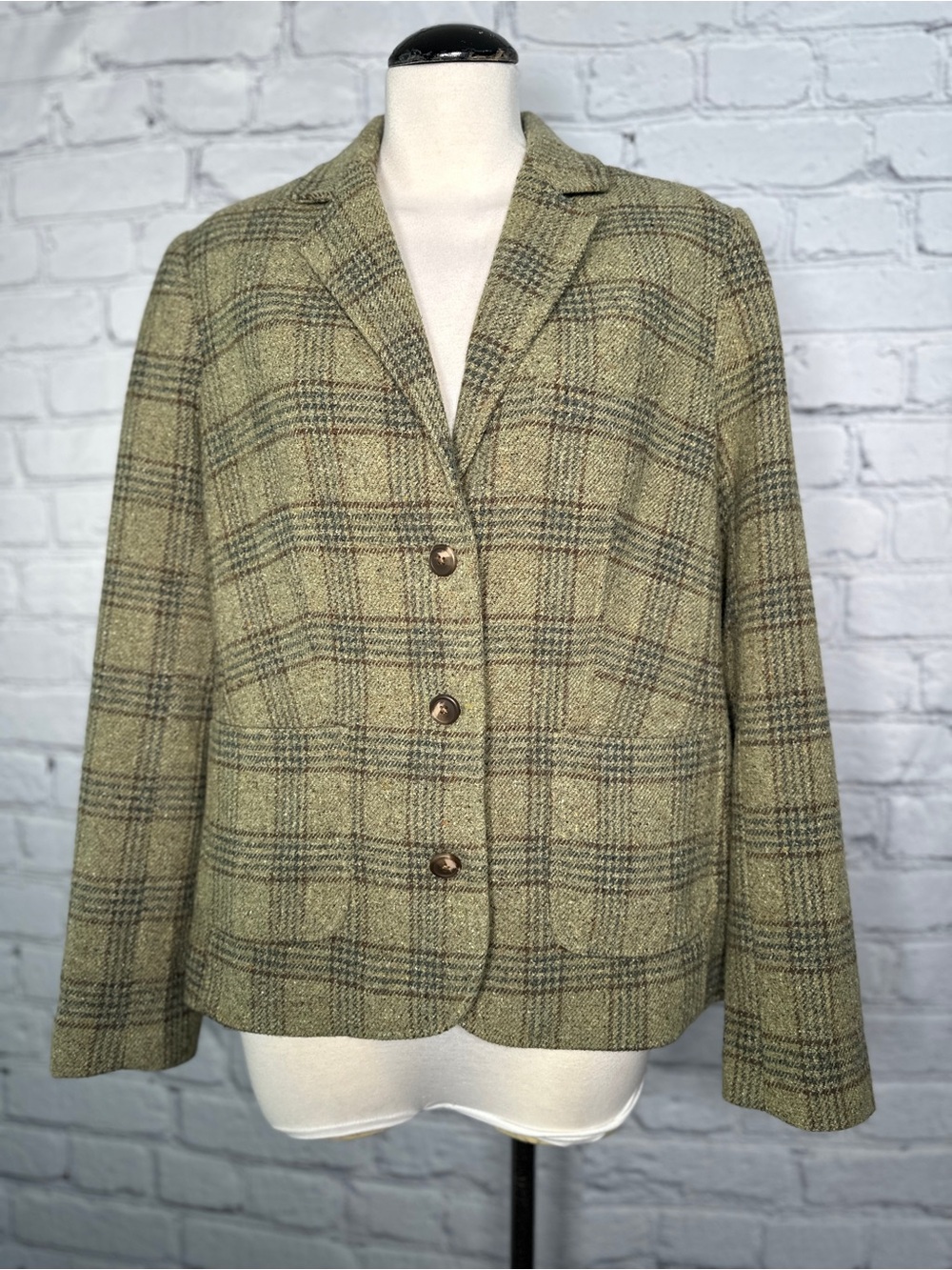 L.L. Bean Y2K Olive Green Plaid Wool-Blend Blazer M